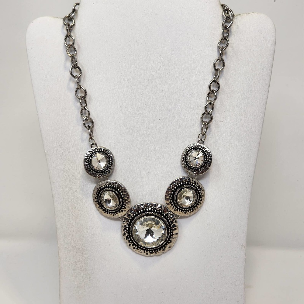 Hammered Medallion Rhinestone Silver Tone Chain Necklace Statement Jewelry